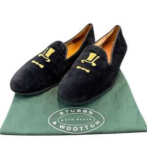 Stubbs & Wootton Black Loafers with Gold Embroidery